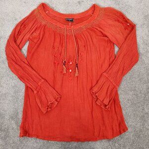 BAWA Women's Blouse Sz S Orange Red Rayon Crinkle Embroidery Floral Lightweight